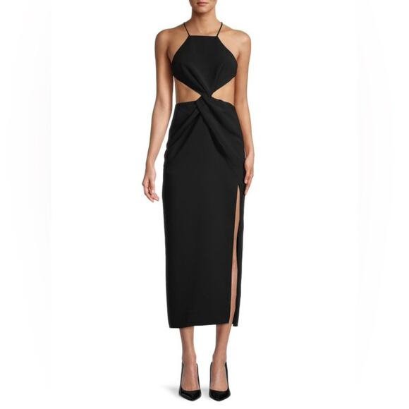 Ronny Kobo Women’s Sero Twist Front Midriff Halter Black Midi Dress Size Medium - Picture 1 of 13